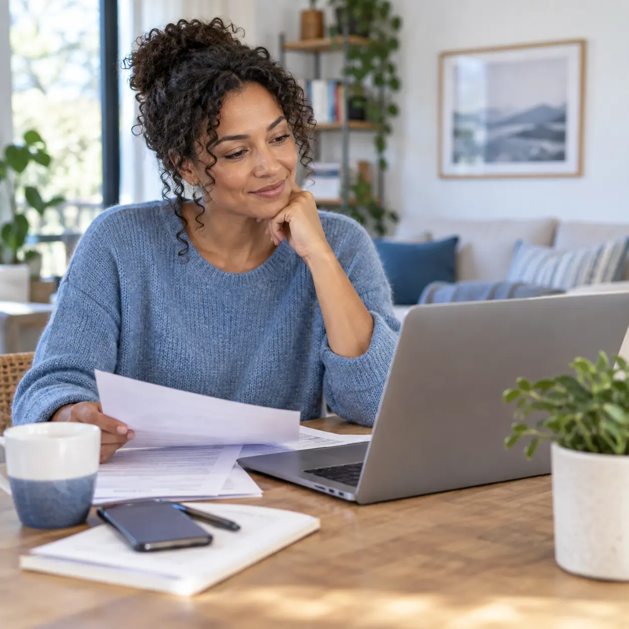 A person thoughtfully reviewing information and considering her next steps at home